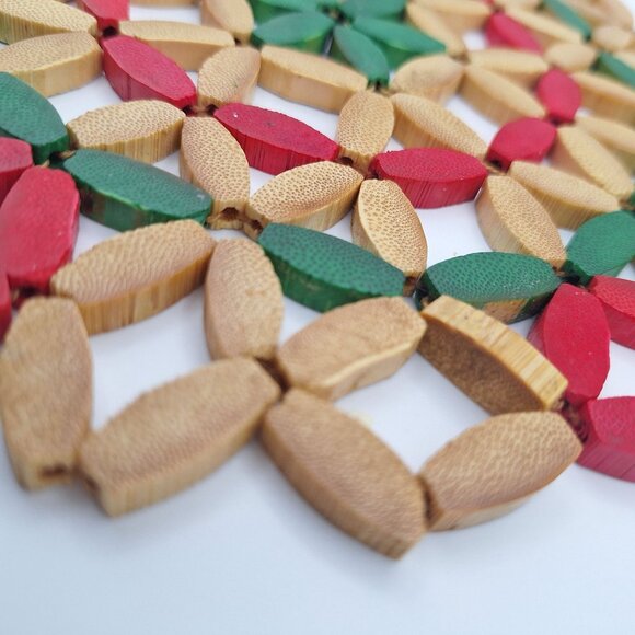 Handcrafted Bamboo Trivet Red Green Accents Round Heat Resistant Mat Deco Center - Picture 5 of 7